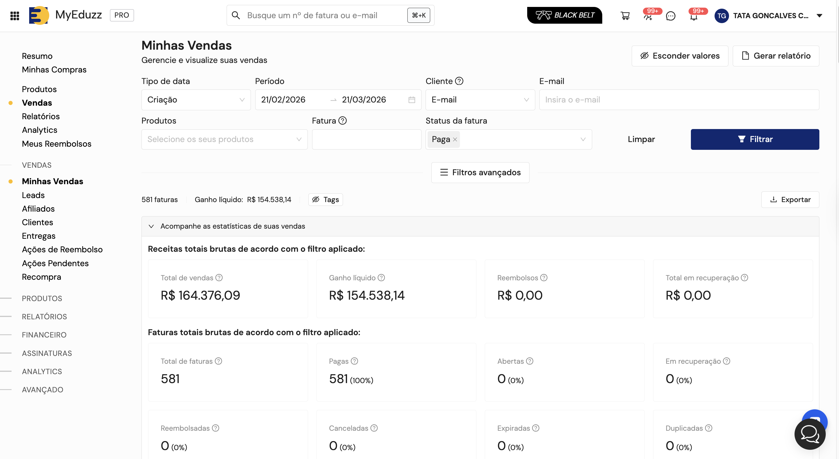 Print Eduzz, R$164.376 faturados, 581 vendas